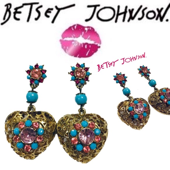 Betsey Johnson Heart Rhinestone Earrings - Picture 1 of 8